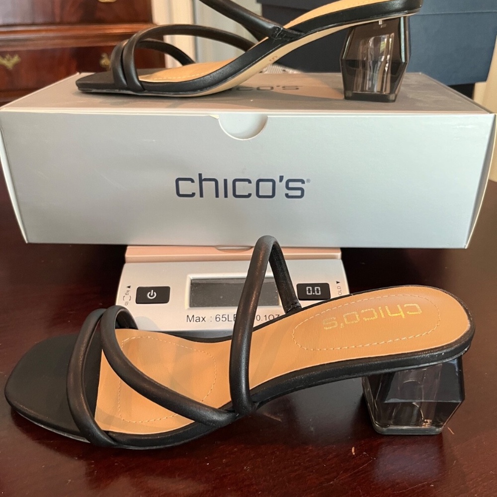 Chicos Marina Round Lucite Heel Black Slip On Size 8
